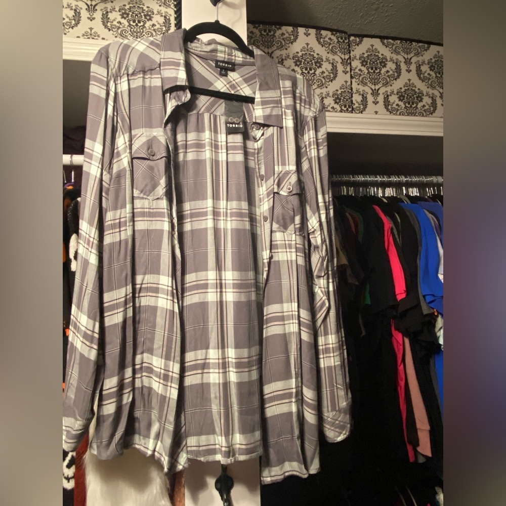 Torrid Taylor Grey Plaid Twill Button Front Slim Fit Shirt Plus Size 2X